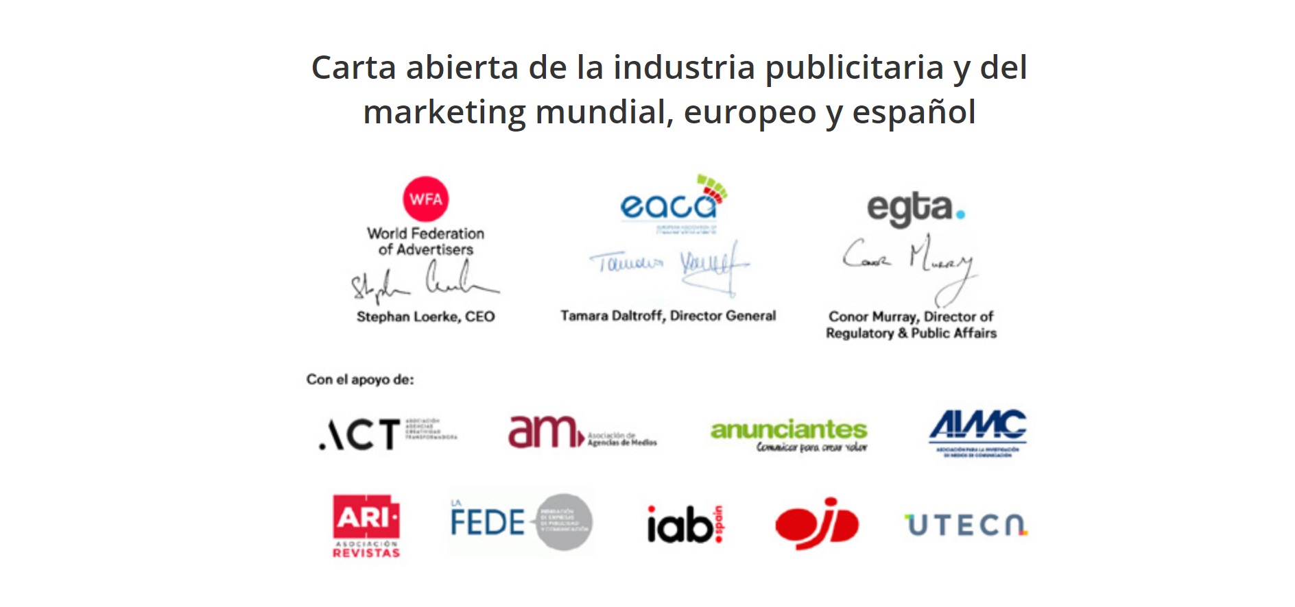 carta abierta, anunciantes, asociaciones, marketing,ARI, AEA, ACT, FEDE ,uteca, ojd, am, eaca, egta, aimc, iab, programapublicidad